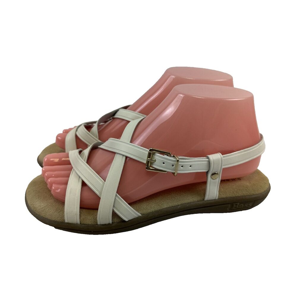 GH Bass Sunjuns Margie Sandal White Leather Strappy Flat Women 6.5 WW Extra Wide